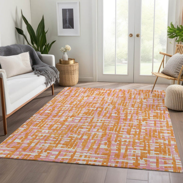 HomeRoots 8' X 10' Vibrant Abstract Geometric Area Rug in Orange, Ivory & Pink - Washable & UV Protected! 683067