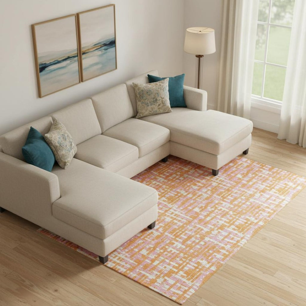 HomeRoots 9' X 12' Vibrant Orange Ivory Pink Geometric Washable Area Rug with UV Protection for Modern Homes 683068