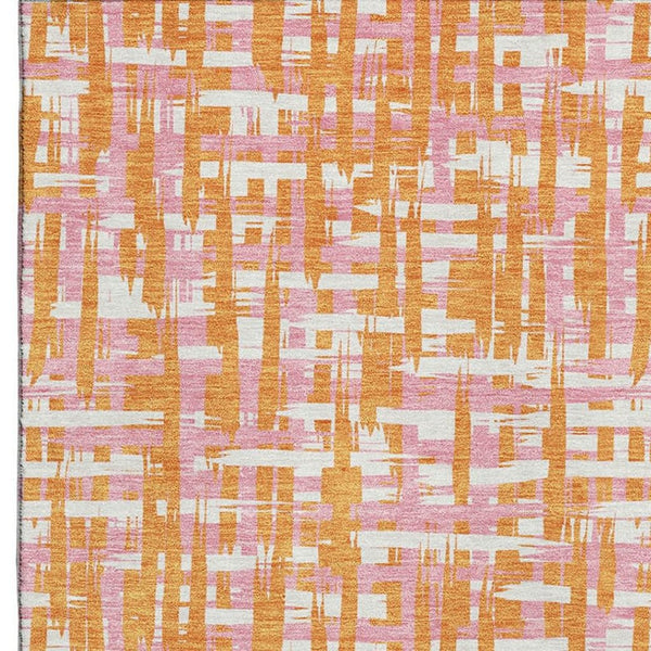 HomeRoots 9' X 12' Vibrant Orange Ivory Pink Geometric Washable Area Rug with UV Protection for Modern Homes 683068