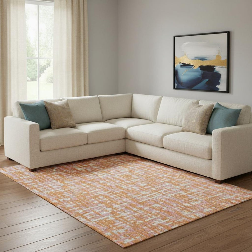 HomeRoots 10' X 14' Vibrant Orange Ivory Pink Abstract Geometric Area Rug - Washable, UV Protected & Durable! 683069