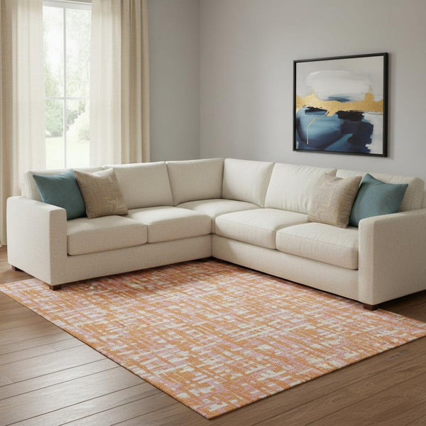 HomeRoots 10' X 14' Vibrant Orange Ivory Pink Abstract Geometric Area Rug - Washable, UV Protected & Durable! 683069