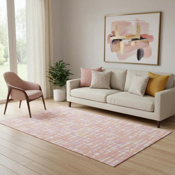 HomeRoots 5' X 8' Washable Pink Ivory Orange Abstract Geometric Area Rug with UV Protection for High Traffic Areas 683071