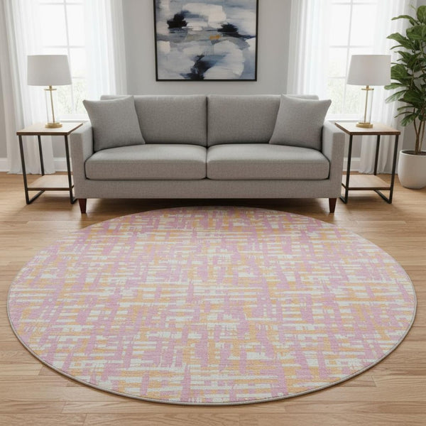 HomeRoots 8' Pink Ivory and Orange Abstract Round Rug - Washable, UV-Protected, Stain-Resistant, Modern Design 683072
