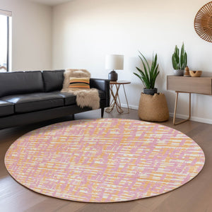 HomeRoots 8' Pink Ivory and Orange Abstract Round Rug - Washable, UV-Protected, Stain-Resistant, Modern Design 683072