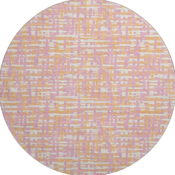 HomeRoots 8' Pink Ivory and Orange Abstract Round Rug - Washable, UV-Protected, Stain-Resistant, Modern Design 683072
