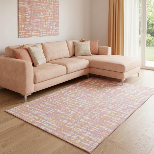 HomeRoots 8' X 10' Pink Ivory Orange Geometric Area Rug - Washable, UV Protected, Stylish & Durable for Homes 683073
