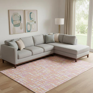 HomeRoots 9' X 12' Abstract Geometric Area Rug in Pink, Ivory & Orange - Washable, UV Protected & Durable Design 683074