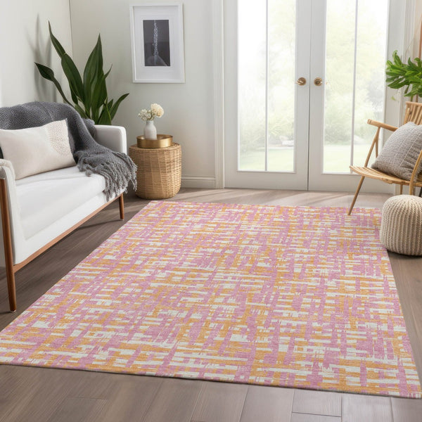 HomeRoots 9' X 12' Abstract Geometric Area Rug in Pink, Ivory & Orange - Washable, UV Protected & Durable Design 683074