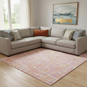 HomeRoots 10' X 14' Washable Pink Ivory Orange Geometric Area Rug with UV Protection for Busy Family Spaces 683075
