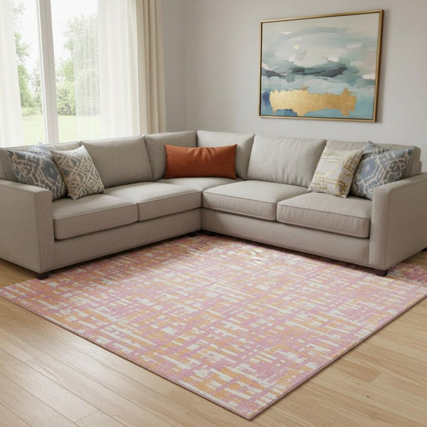 HomeRoots 10' X 14' Washable Pink Ivory Orange Geometric Area Rug with UV Protection for Busy Family Spaces 683075