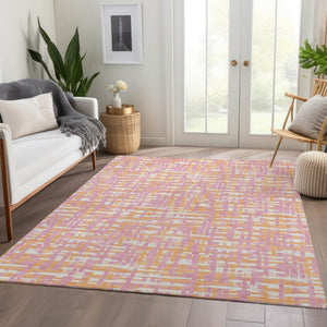 HomeRoots 10' X 14' Washable Pink Ivory Orange Geometric Area Rug with UV Protection for Busy Family Spaces 683075