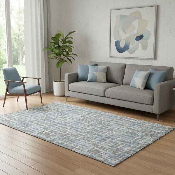 HomeRoots 5' X 8' Modern Silver Sky Blue & Ivory Geometric Washable Area Rug with UV Protection & Anti-Slip 683077