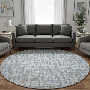 HomeRoots 8' Modern Abstract Geometric Round Rug in Silver, Sky Blue & Ivory – Washable, UV Protected Comfort 683078