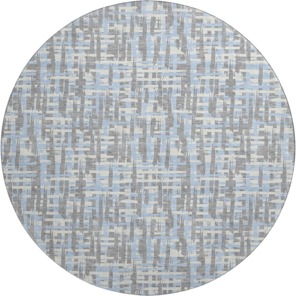 HomeRoots 8' Modern Abstract Geometric Round Rug in Silver, Sky Blue & Ivory – Washable, UV Protected Comfort 683078