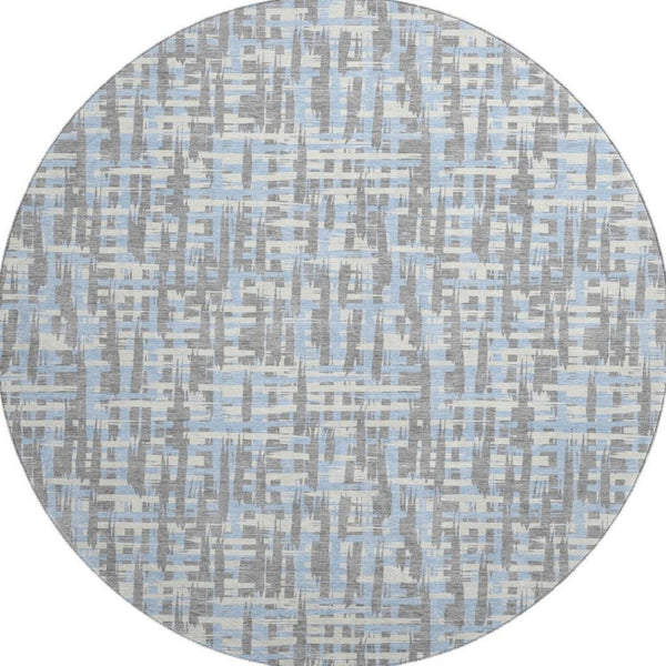 HomeRoots 8' Modern Abstract Geometric Round Rug in Silver, Sky Blue & Ivory – Washable, UV Protected Comfort 683078