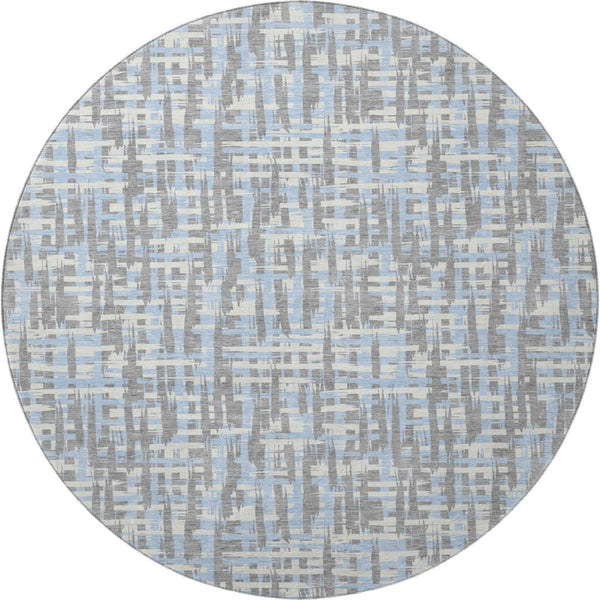 HomeRoots 8' Modern Abstract Geometric Round Rug in Silver, Sky Blue & Ivory – Washable, UV Protected Comfort 683078