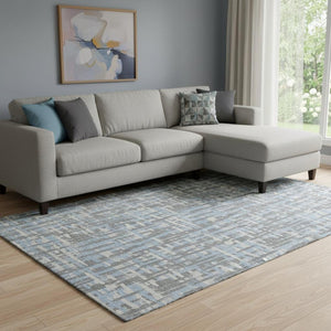 HomeRoots 8' X 10' Elegant Silver Sky Blue Ivory Geometric Washable Area Rug with UV Protection & Comfort 683079