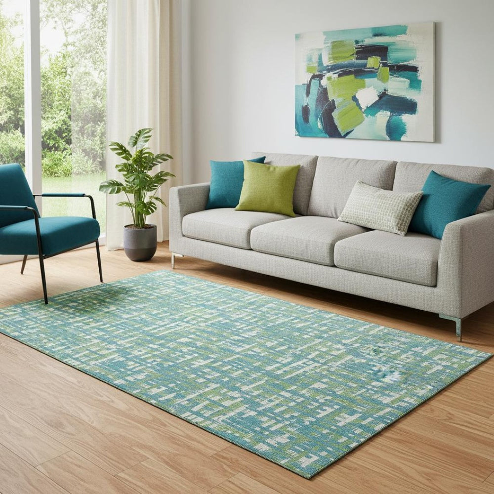 HomeRoots 5' X 8' Turquoise Green & Ivory Abstract Geometric Area Rug - Washable, UV Protected, Pet-Friendly Style 683083