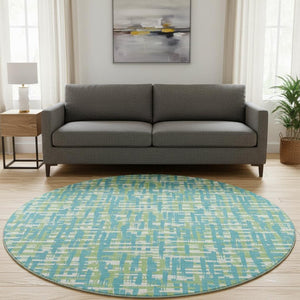HomeRoots 8' Turquoise Green & Ivory Abstract Geometric Washable Round Rug with UV Protection & Non-Slip Backing 683084