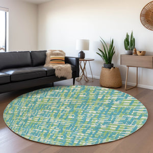 HomeRoots 8' Turquoise Green & Ivory Abstract Geometric Washable Round Rug with UV Protection & Non-Slip Backing 683084