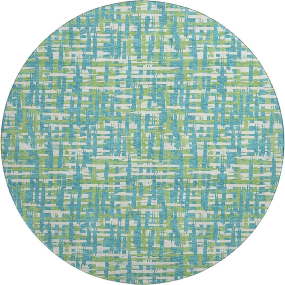 HomeRoots 8' Turquoise Green & Ivory Abstract Geometric Washable Round Rug with UV Protection & Non-Slip Backing 683084