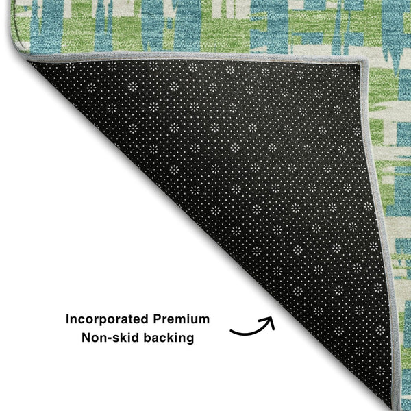 HomeRoots 8' Turquoise Green & Ivory Abstract Geometric Washable Round Rug with UV Protection & Non-Slip Backing 683084