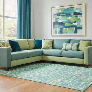 HomeRoots 8' X 10' Turquoise Green Ivory Geometric Area Rug – Soft, Stain-Resistant, UV Protected for Busy Homes 683085