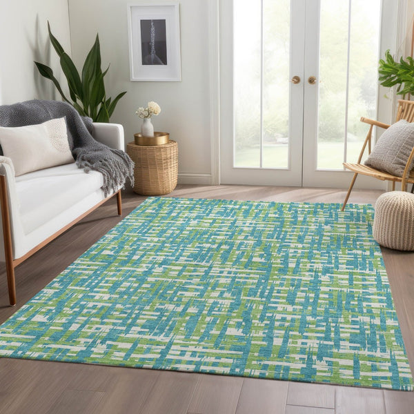 HomeRoots 8' X 10' Turquoise Green Ivory Geometric Area Rug – Soft, Stain-Resistant, UV Protected for Busy Homes 683085