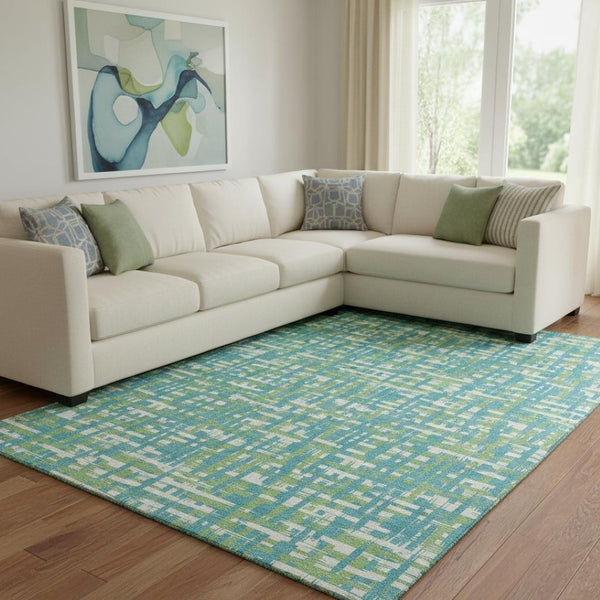 HomeRoots 10' X 14' Turquoise Green Ivory Abstract Geometric Rug - Washable, UV-Protected, Family-Friendly Design 683087