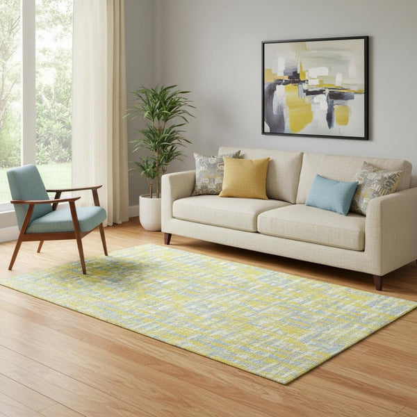 HomeRoots 5' X 8' Washable Abstract Geometric Area Rug in Yellow, Ivory, & Denim Blue – UV Protected & Durable 683089