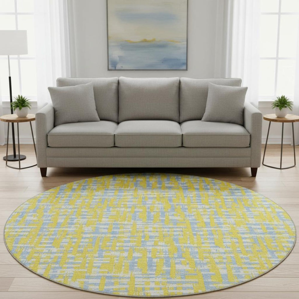 HomeRoots 8' Stylish Yellow, Ivory & Denim Blue Abstract Geometric Washable Round Rug with UV Protection 683090