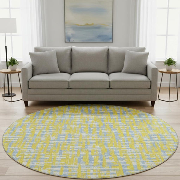 HomeRoots 8' Stylish Yellow, Ivory & Denim Blue Abstract Geometric Washable Round Rug with UV Protection 683090