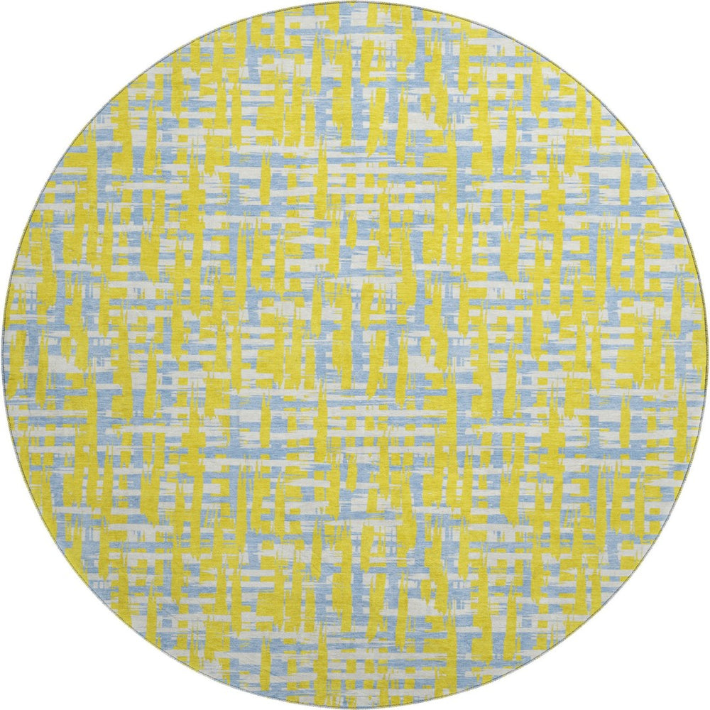 HomeRoots 8' Stylish Yellow, Ivory & Denim Blue Abstract Geometric Washable Round Rug with UV Protection 683090