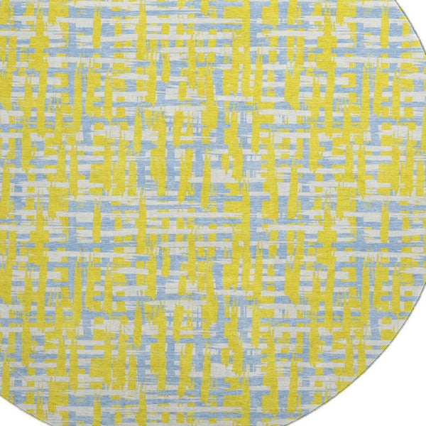 HomeRoots 8' Stylish Yellow, Ivory & Denim Blue Abstract Geometric Washable Round Rug with UV Protection 683090