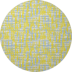 HomeRoots 8' Stylish Yellow, Ivory & Denim Blue Abstract Geometric Washable Round Rug with UV Protection 683090
