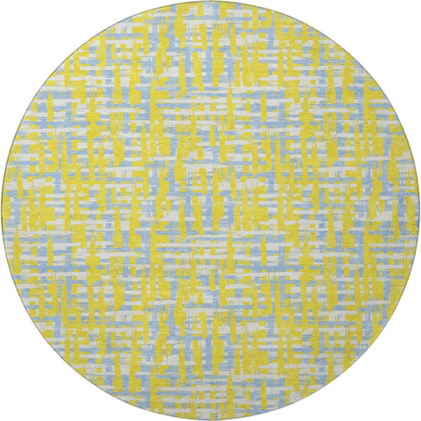 HomeRoots 8' Stylish Yellow, Ivory & Denim Blue Abstract Geometric Washable Round Rug with UV Protection 683090