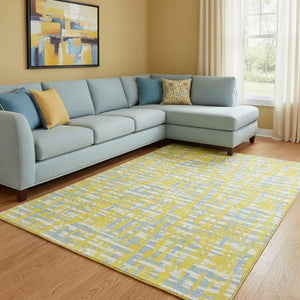 HomeRoots 8' X 10' Washable Area Rug in Yellow, Ivory & Denim Blue - Durable, UV Protected & Stain Resistant Design 683091