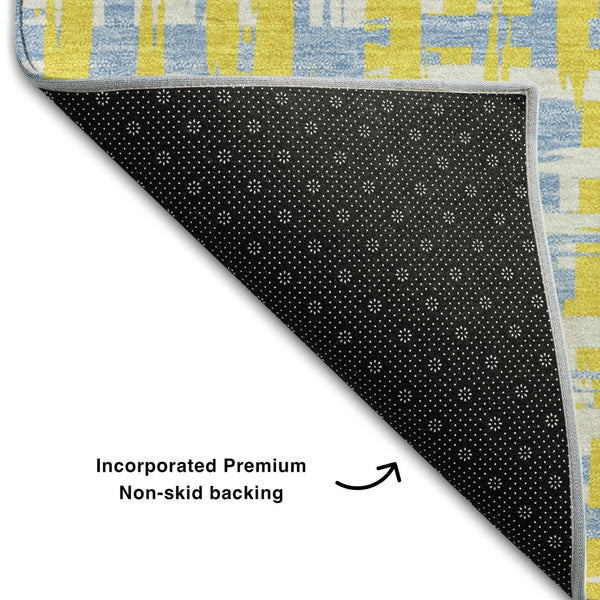 HomeRoots 8' X 10' Washable Area Rug in Yellow, Ivory & Denim Blue - Durable, UV Protected & Stain Resistant Design 683091