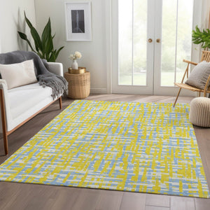 HomeRoots 8' X 10' Washable Area Rug in Yellow, Ivory & Denim Blue - Durable, UV Protected & Stain Resistant Design 683091