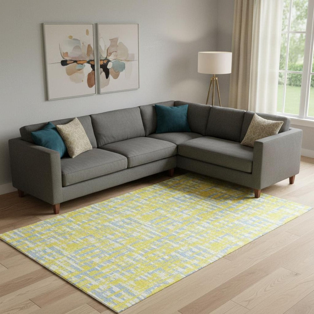 HomeRoots 9' X 12' Washable Area Rug – Vibrant Yellow, Ivory & Denim Blue Abstract Design with UV Protection 683092