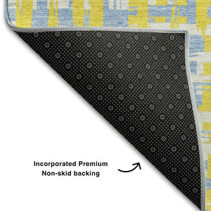 HomeRoots 9' X 12' Washable Area Rug – Vibrant Yellow, Ivory & Denim Blue Abstract Design with UV Protection 683092