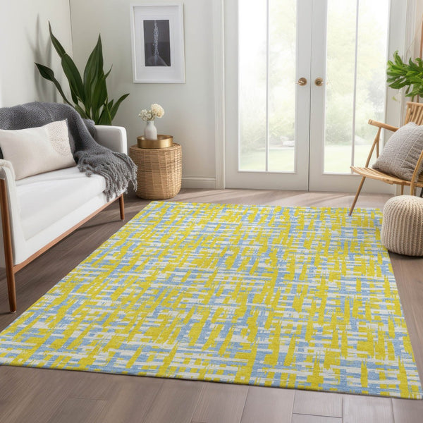 HomeRoots 9' X 12' Washable Area Rug – Vibrant Yellow, Ivory & Denim Blue Abstract Design with UV Protection 683092