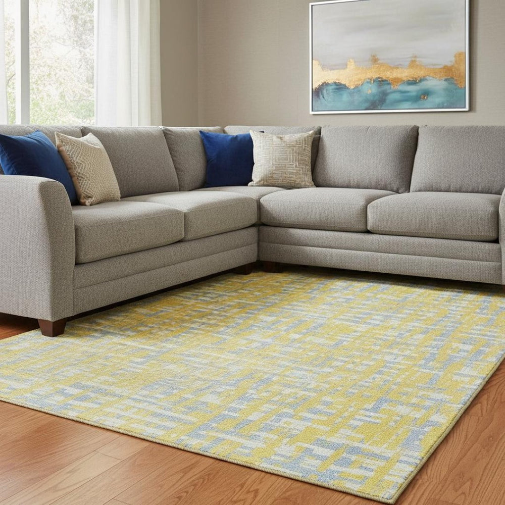 HomeRoots 10' Abstract Geometric Washable Area Rug in Yellow, Ivory & Denim Blue - UV Protected & Durable Design 683093