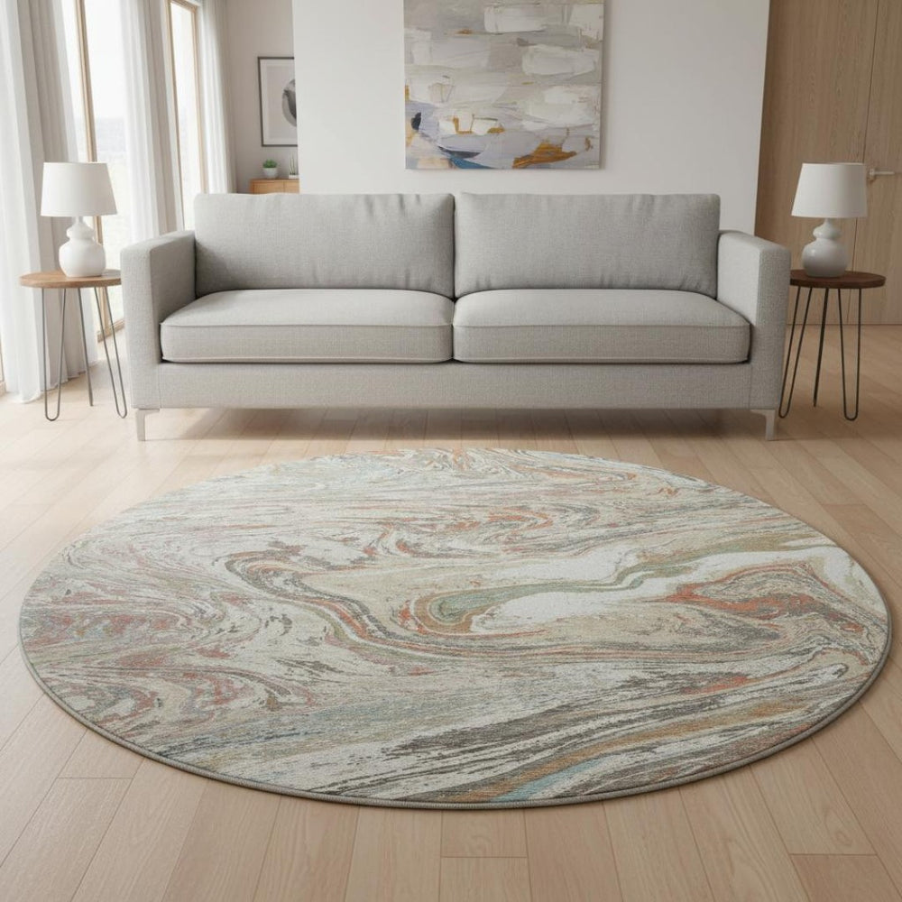 HomeRoots 8' Beige Abstract Round Rug with Copper & Green Accents, Washable, UV Protected, Stain Resistant 683096