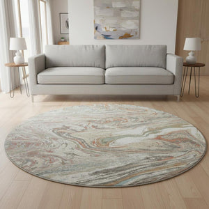 HomeRoots 8' Beige Abstract Round Rug with Copper & Green Accents, Washable, UV Protected, Stain Resistant 683096
