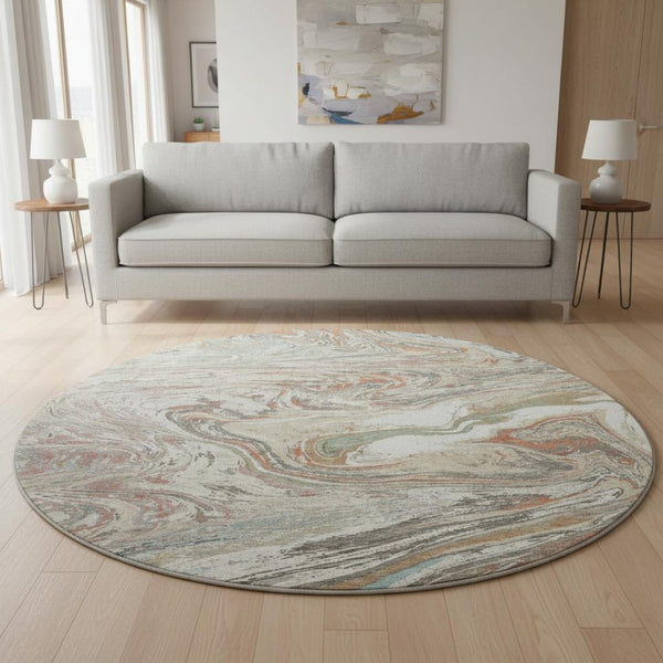 HomeRoots 8' Beige Abstract Round Rug with Copper & Green Accents, Washable, UV Protected, Stain Resistant 683096