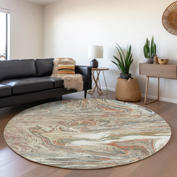 HomeRoots 8' Beige Abstract Round Rug with Copper & Green Accents, Washable, UV Protected, Stain Resistant 683096