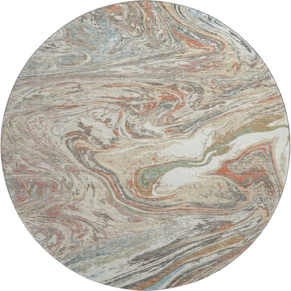 HomeRoots 8' Beige Abstract Round Rug with Copper & Green Accents, Washable, UV Protected, Stain Resistant 683096