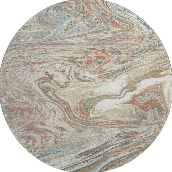 HomeRoots 8' Beige Abstract Round Rug with Copper & Green Accents, Washable, UV Protected, Stain Resistant 683096