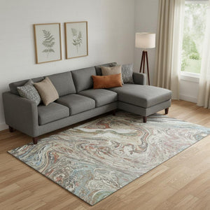 HomeRoots 9' X 12' Beige Copper Green Abstract Washable Area Rug - Durable, UV-Protected, Pet-Friendly Design! 683098